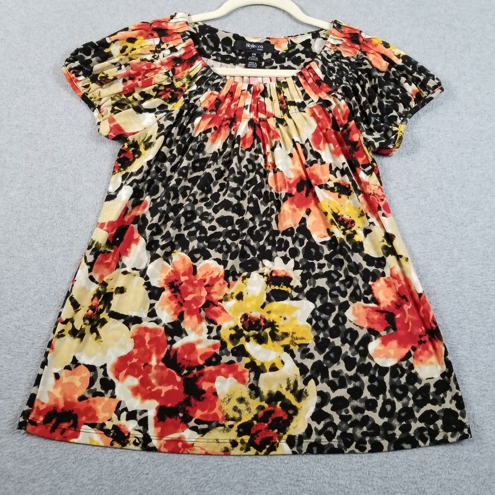 Style & Co Blouse Womens PM Petite Medium Floral‎ Leopard Print Pleated Neck Top